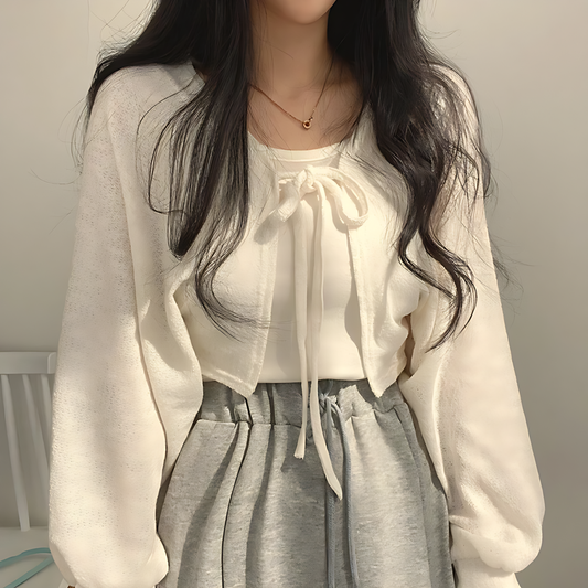 Lace-Up V-Neck Loose Fit Long Sleeve Cardigan Shirt