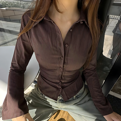 Vintage Striped Button-Up Blouse – Slim Fit Flared Sleeve Shirt