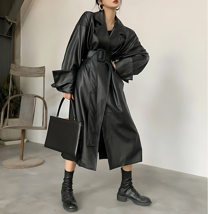 Oversized Faux Leather Trench Coat