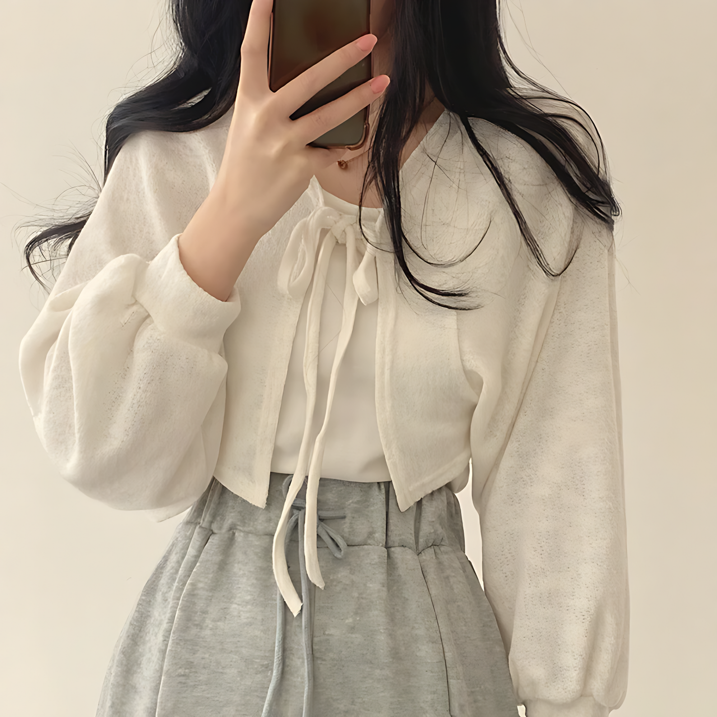 Lace-Up V-Neck Loose Fit Long Sleeve Cardigan Shirt