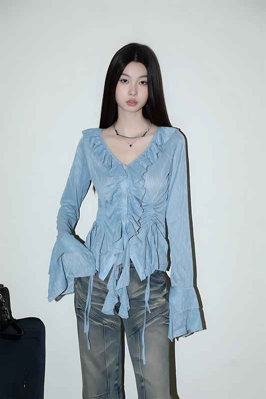 Fairycore Lace-Up Long Sleeve Blouse