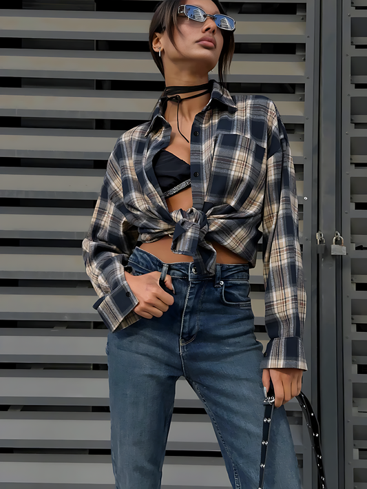 Oversized Gingham Plaid Shirt with Turn-Down Collar