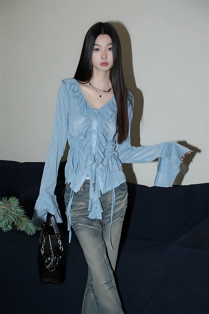 Fairycore Lace-Up Long Sleeve Blouse