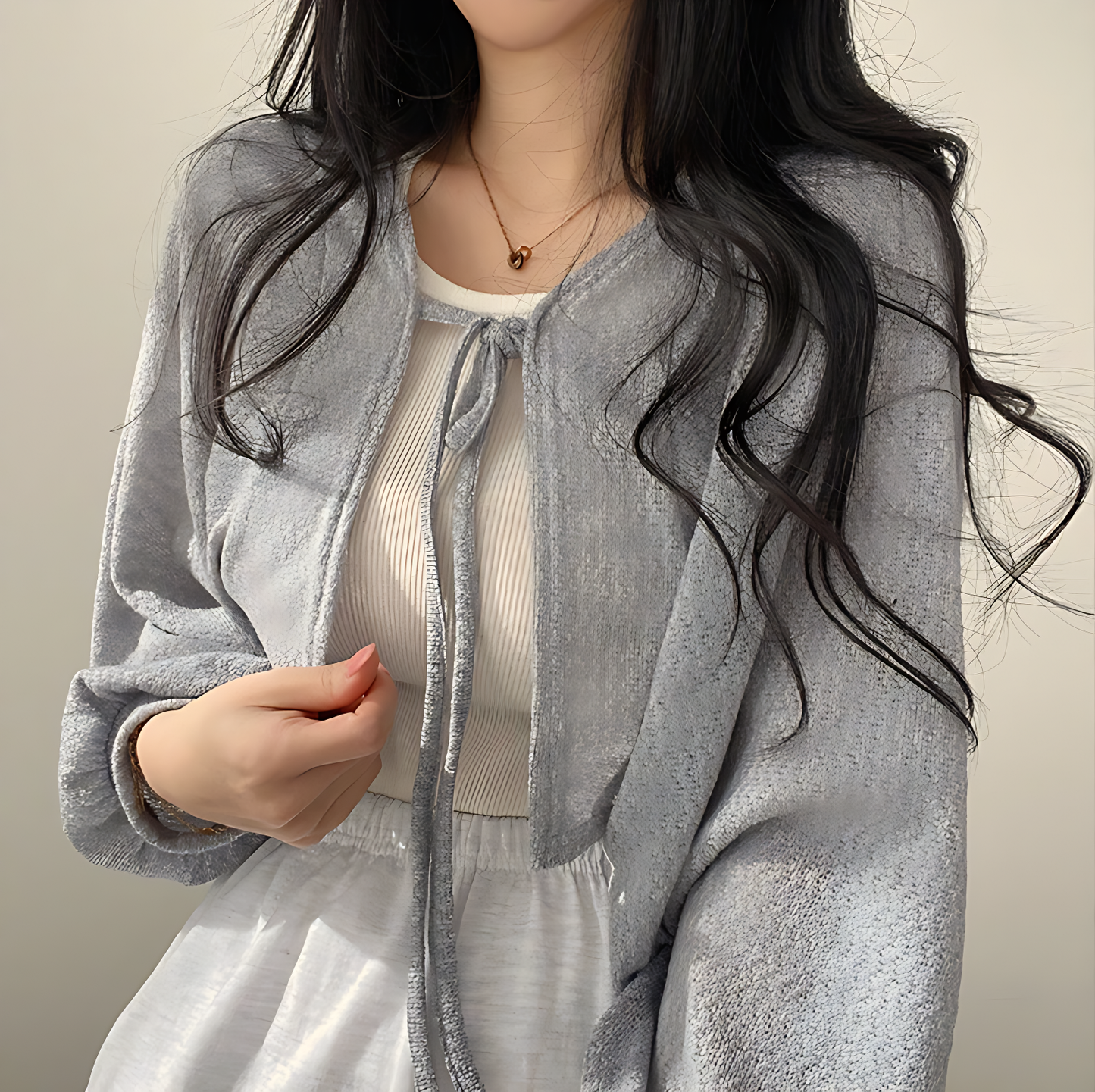 Lace-Up V-Neck Loose Fit Long Sleeve Cardigan Shirt