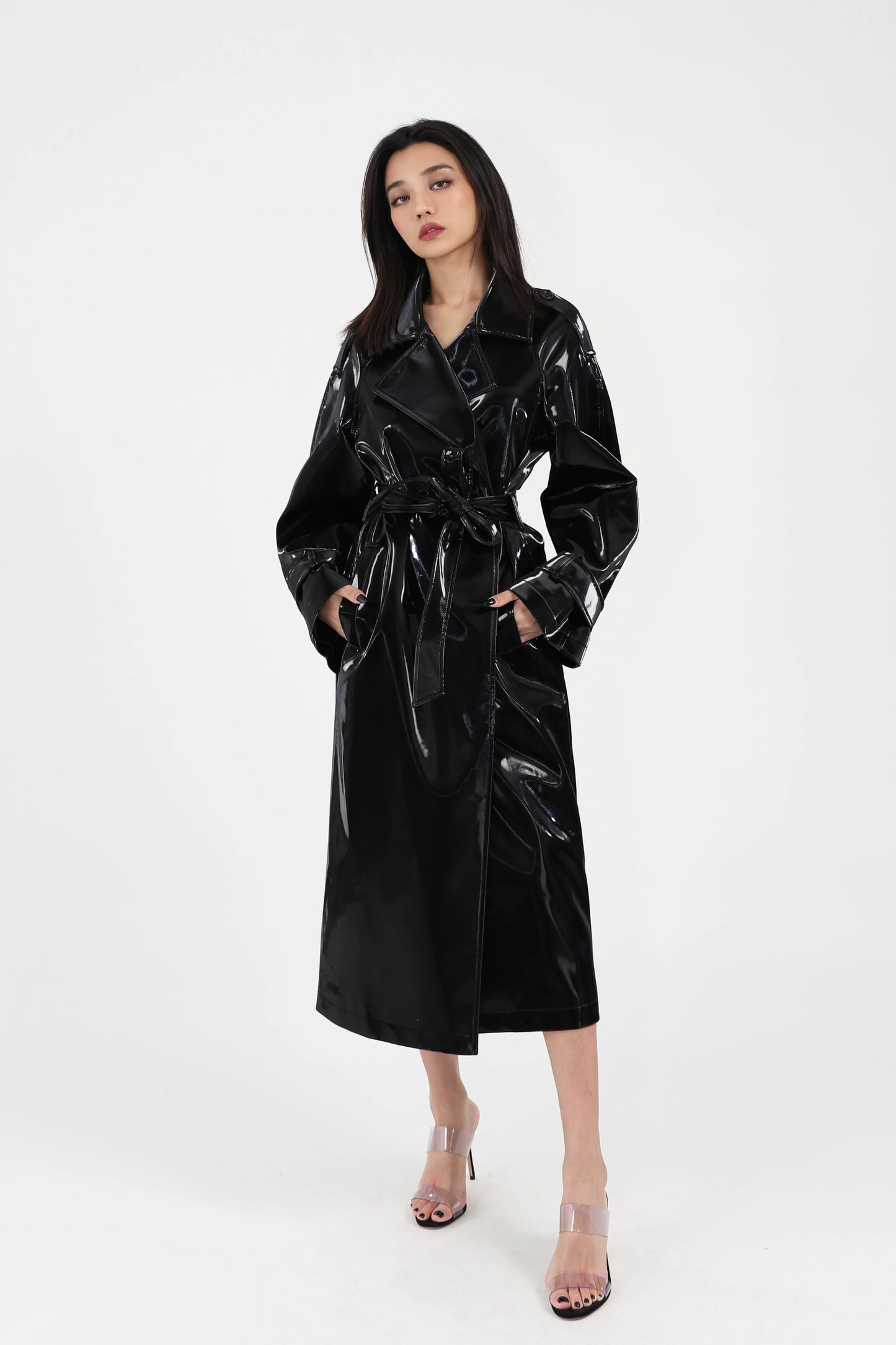 Shiny Patent Leather Trench Coat with Sash – Double-Breasted Long Jacket