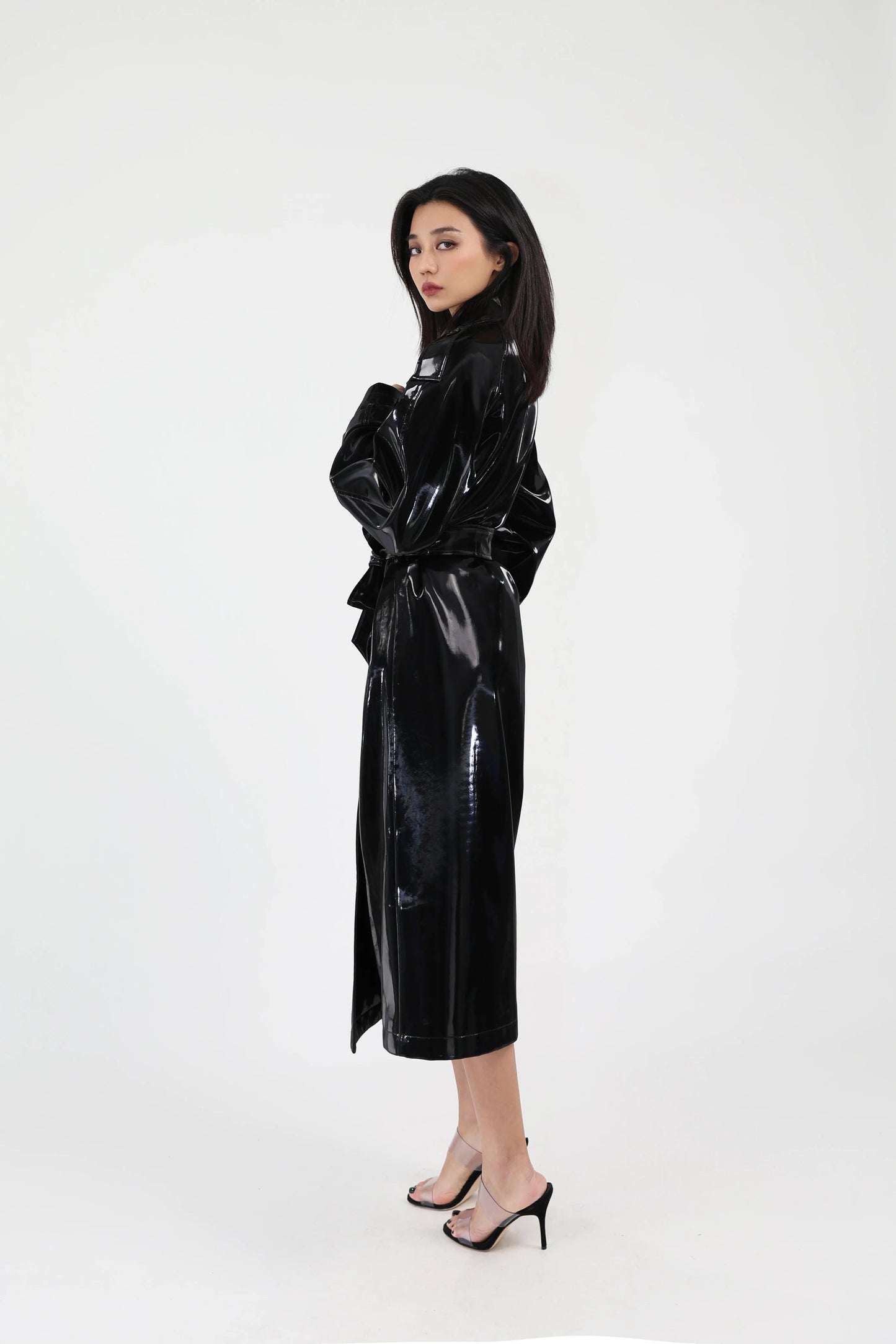 Shiny Patent Leather Trench Coat with Sash – Double-Breasted Long Jacket