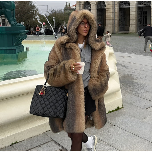 Elegant Hooded Faux Fur Coat