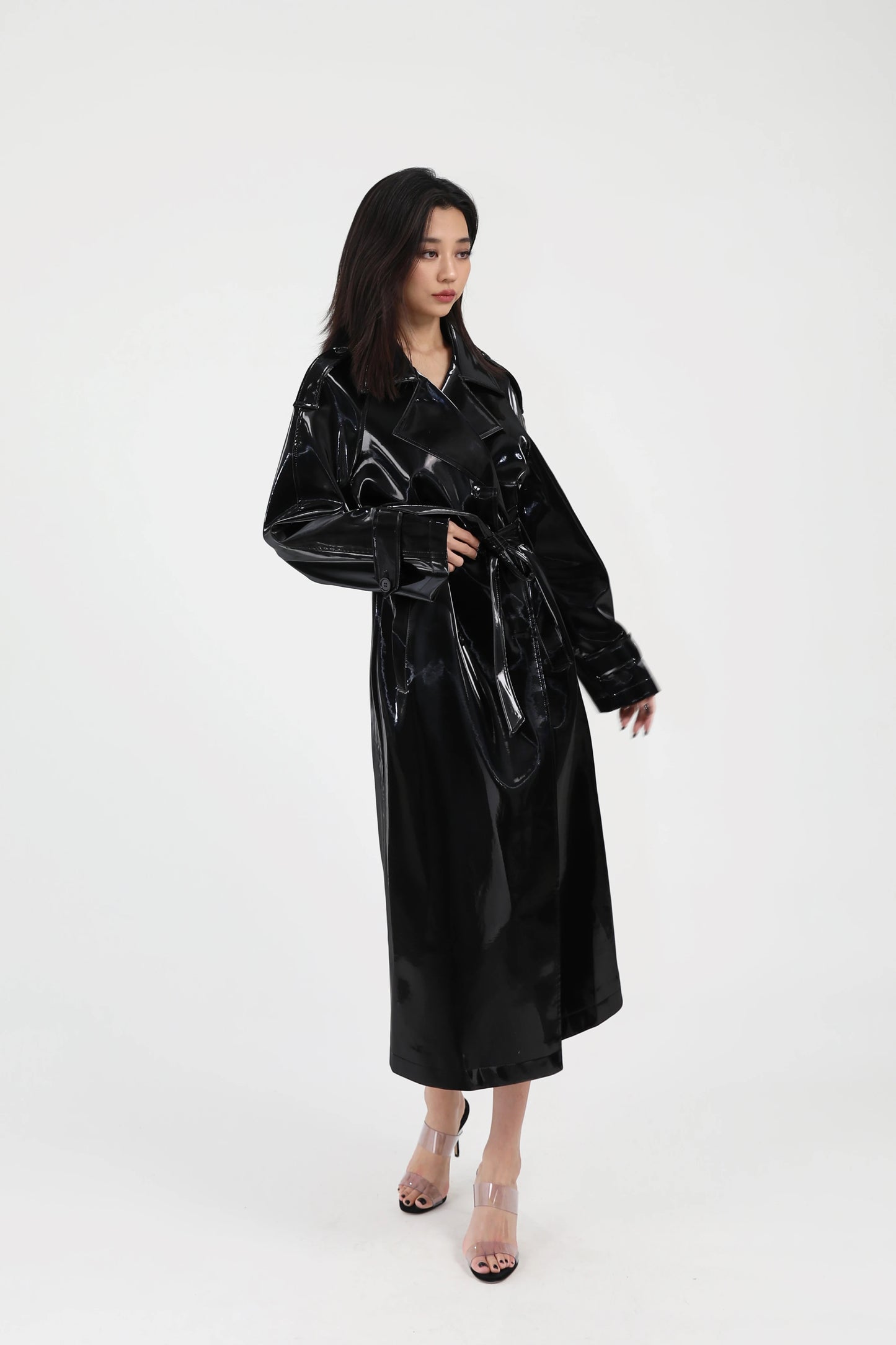 Shiny Patent Leather Trench Coat with Sash – Double-Breasted Long Jacket