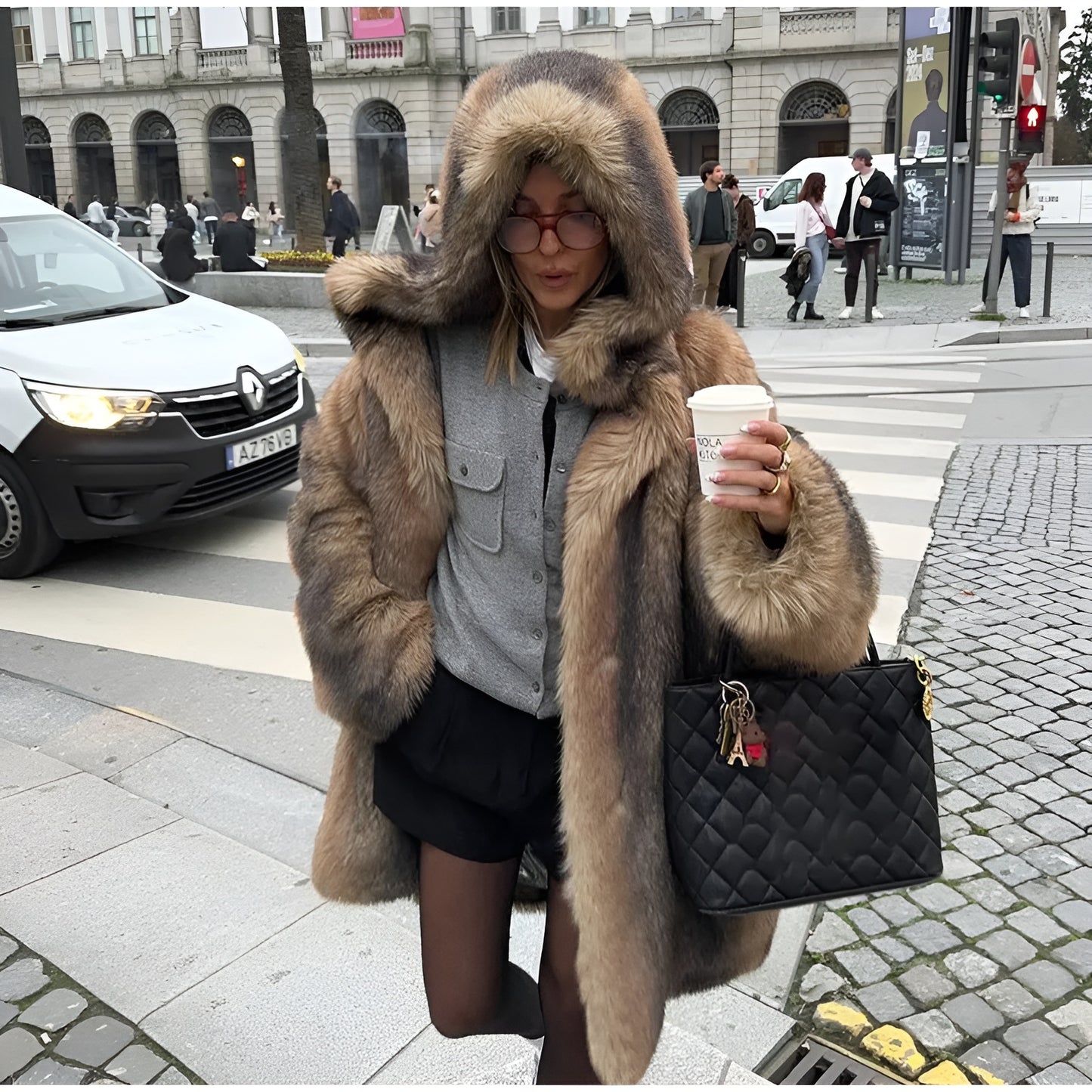 Elegant Hooded Faux Fur Coat