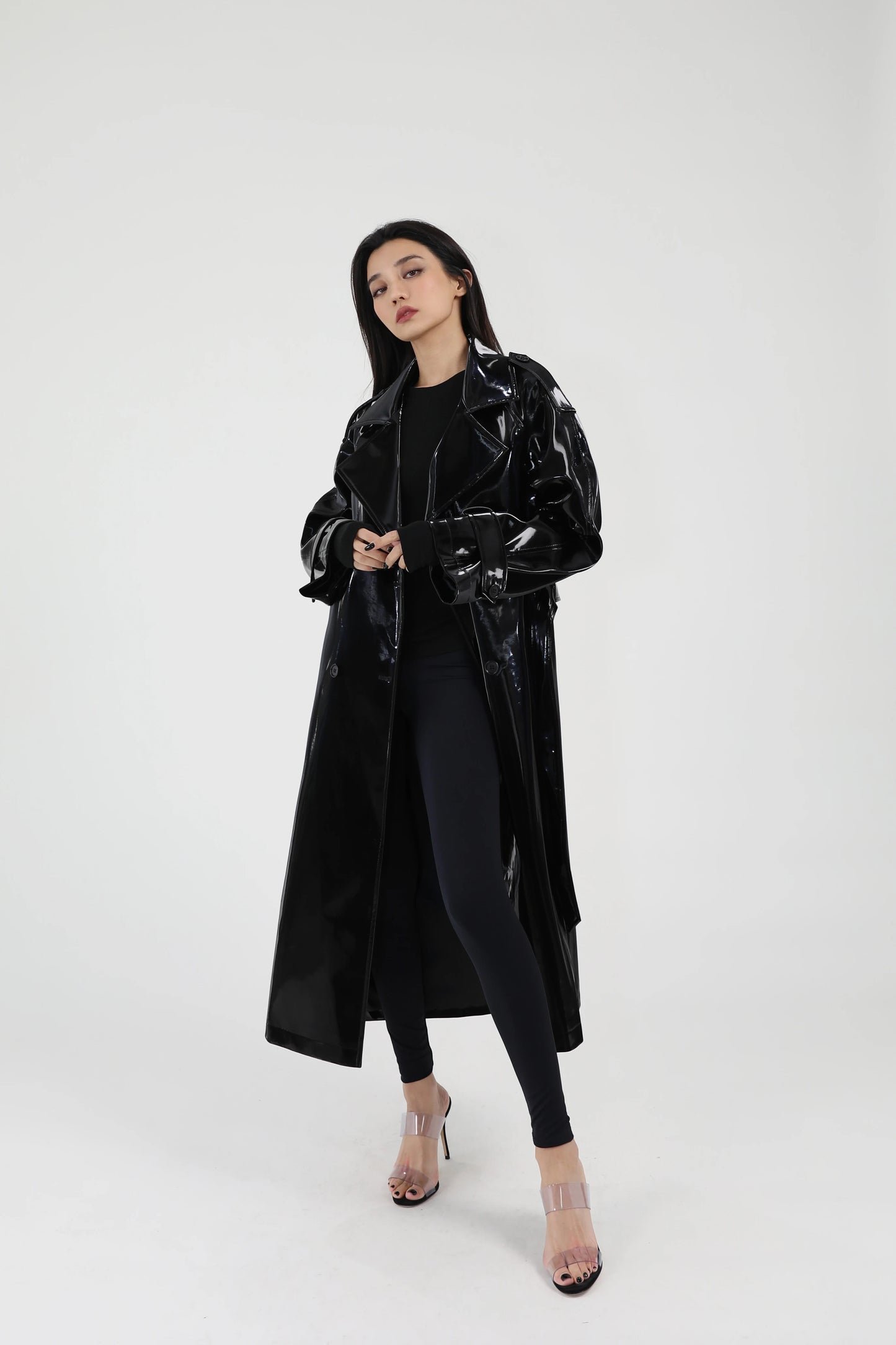 Shiny Patent Leather Trench Coat with Sash – Double-Breasted Long Jacket