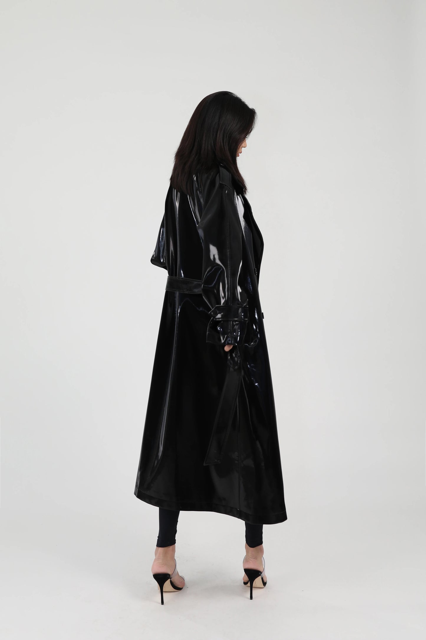 Shiny Patent Leather Trench Coat with Sash – Double-Breasted Long Jacket