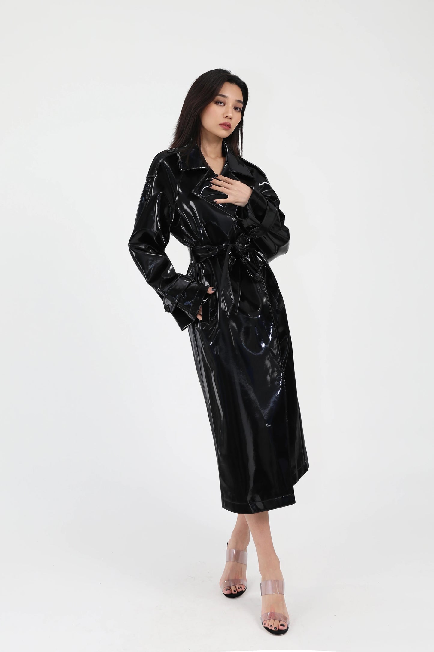 Shiny Patent Leather Trench Coat with Sash – Double-Breasted Long Jacket