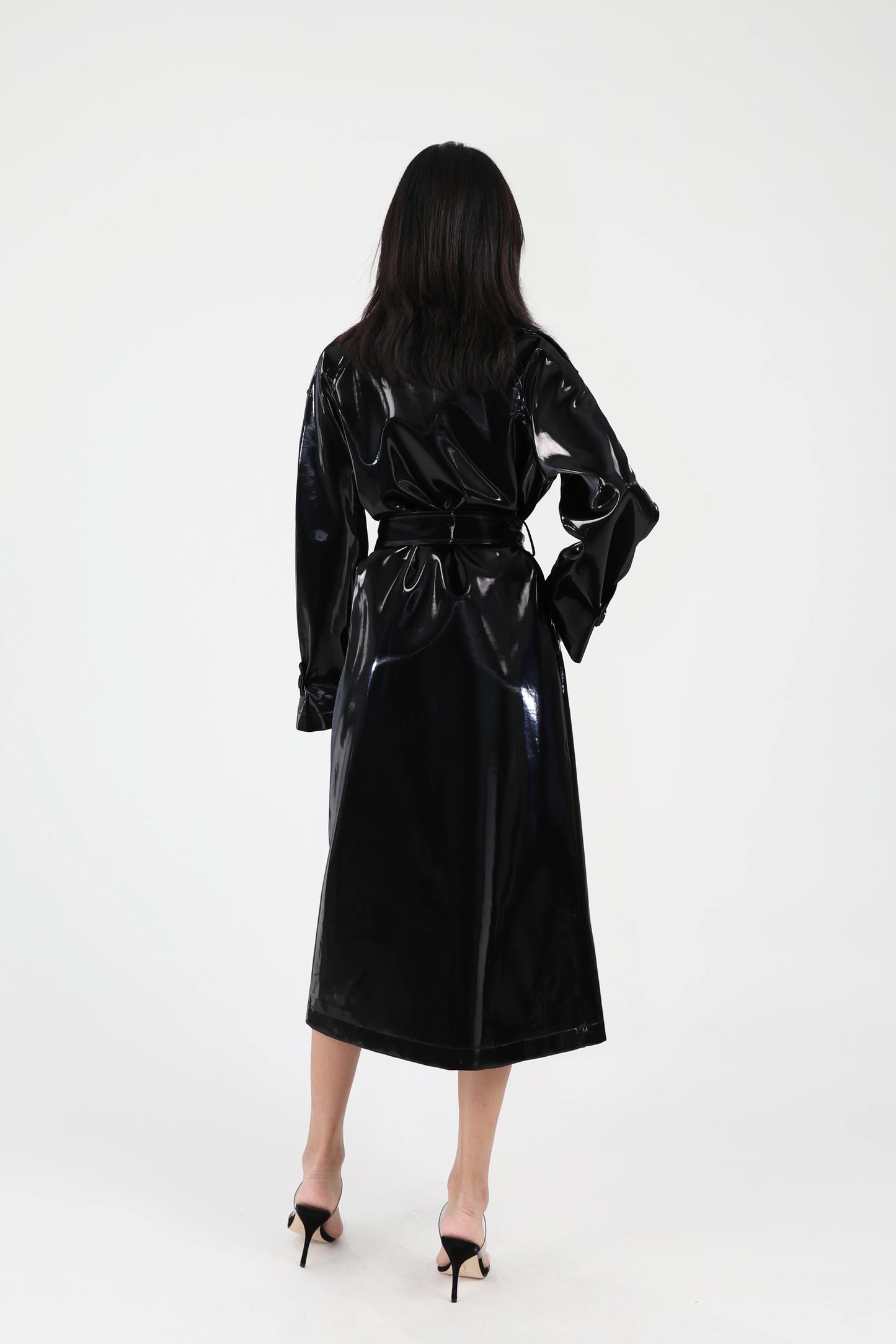 Shiny Patent Leather Trench Coat with Sash – Double-Breasted Long Jacket