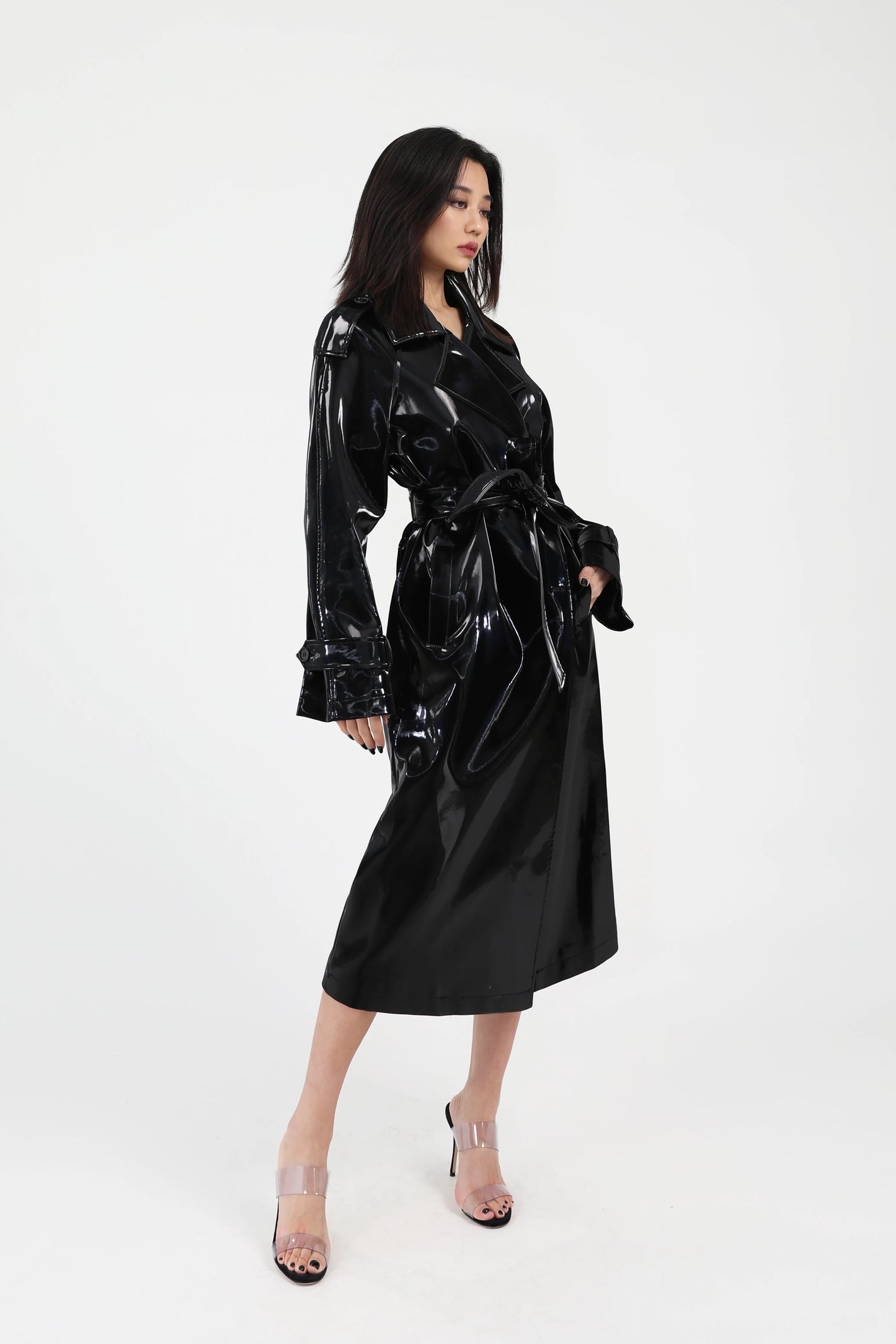 Shiny Patent Leather Trench Coat with Sash – Double-Breasted Long Jacket