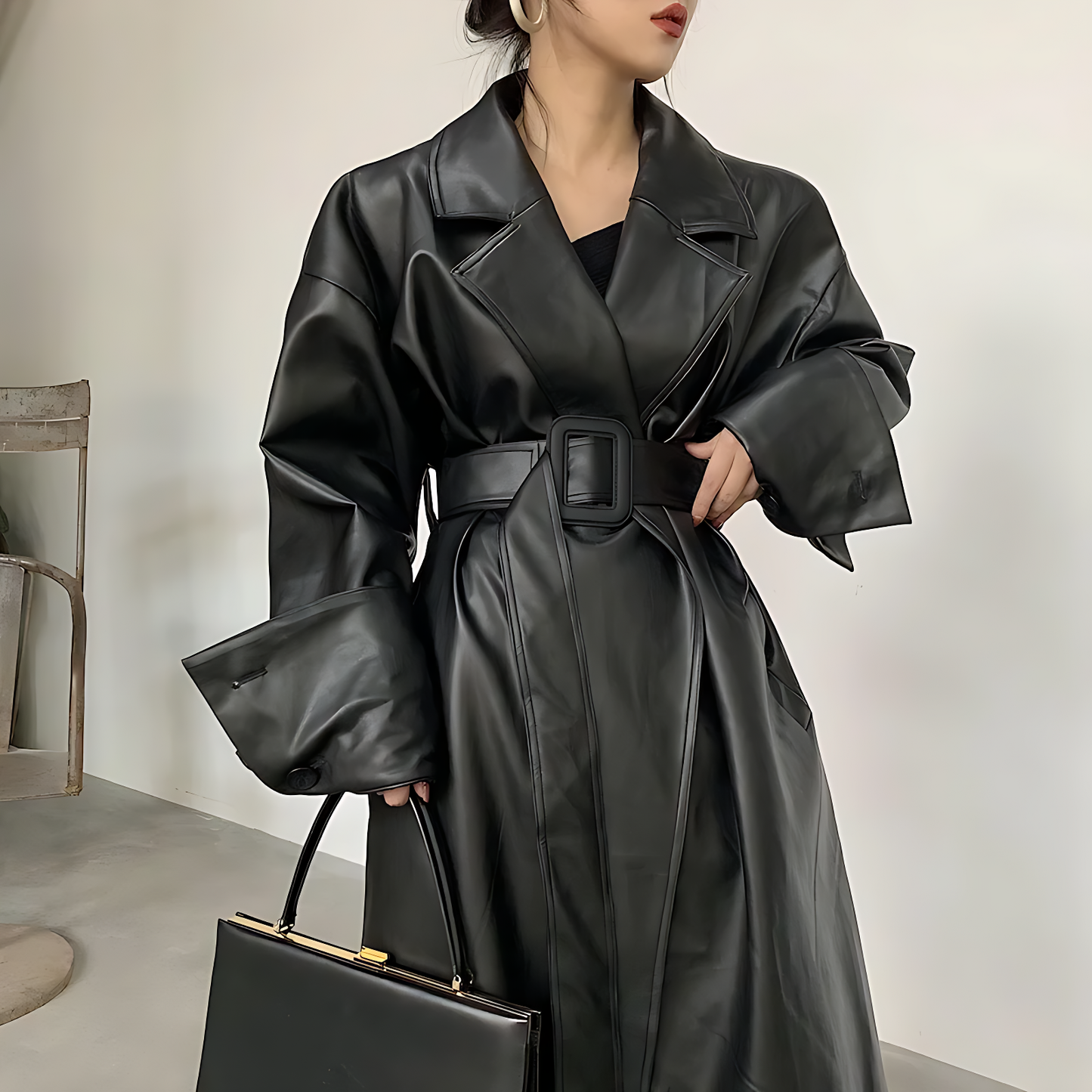 Oversized Faux Leather Trench Coat