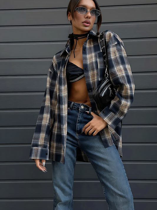 Oversized Gingham Plaid Shirt with Turn-Down Collar