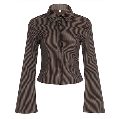 Vintage Striped Button-Up Blouse – Slim Fit Flared Sleeve Shirt