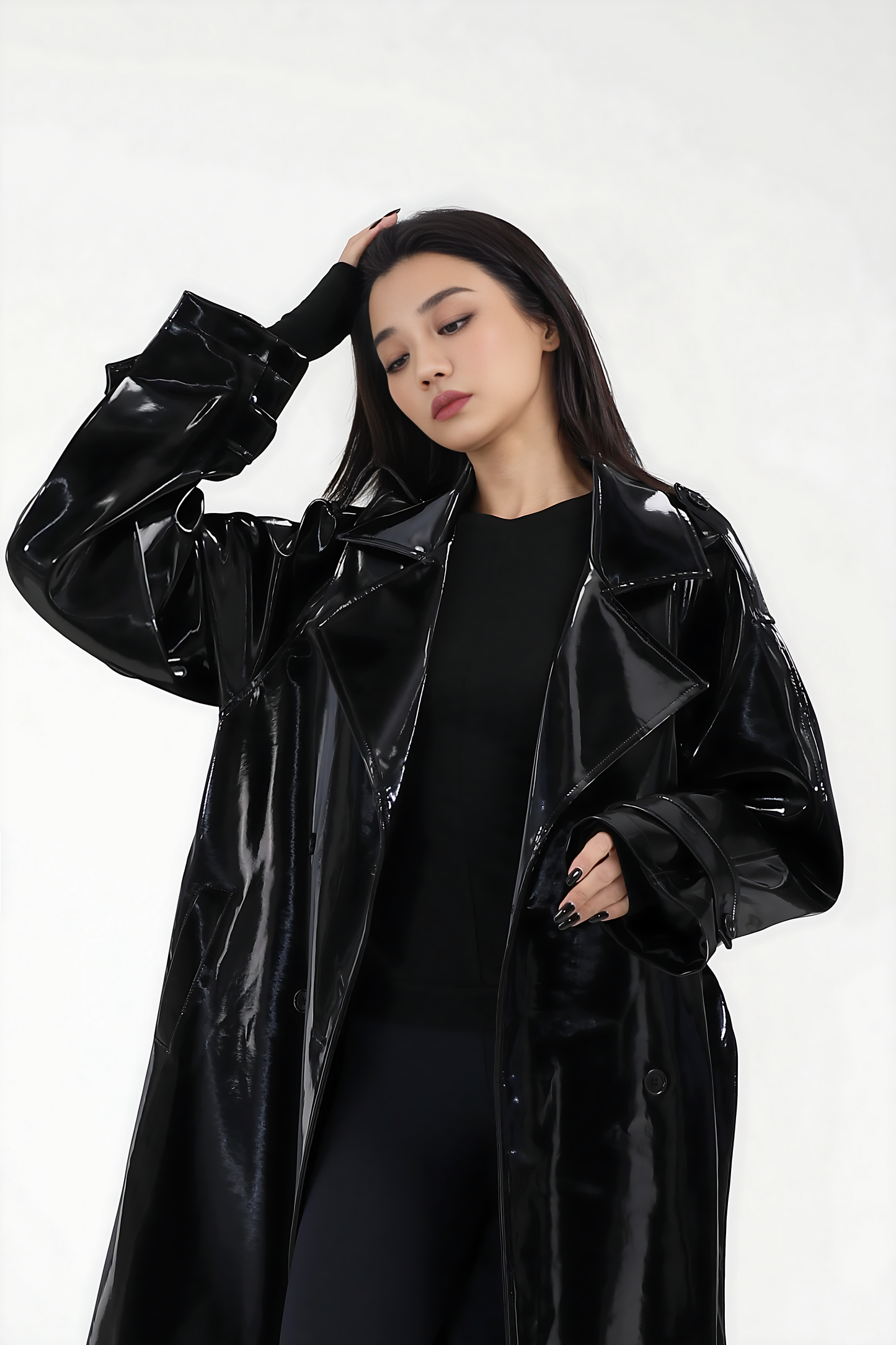 Shiny Patent Leather Trench Coat with Sash – Double-Breasted Long Jacket