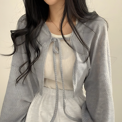 Lace-Up V-Neck Loose Fit Long Sleeve Cardigan Shirt