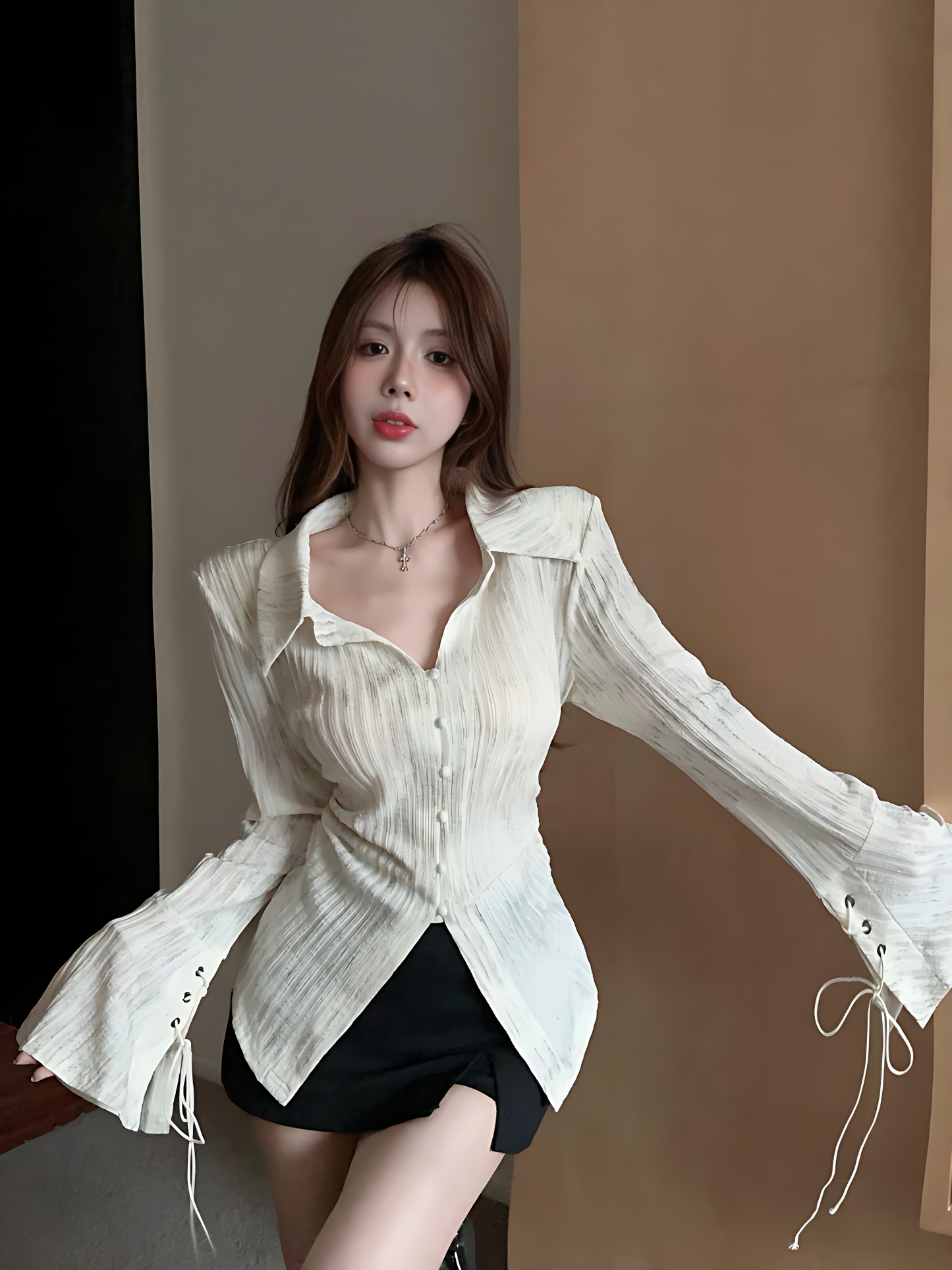 French Style Flare Sleeve Shirt Retro Chic Lace-Up Top