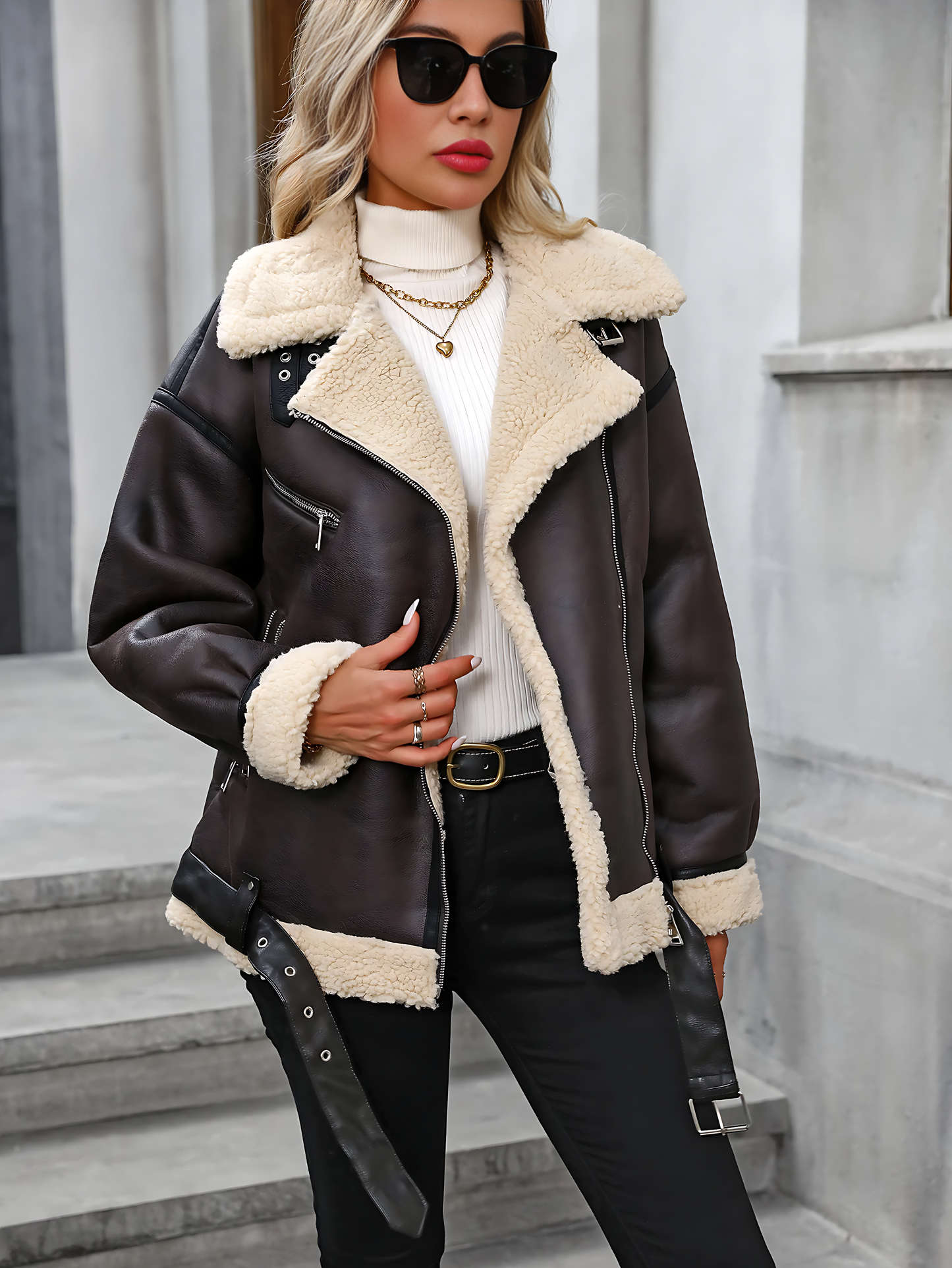 Faux Lamb Fur Leather Jacket – Thick Warm Motorcycle Coat