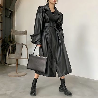 Oversized Faux Leather Trench Coat