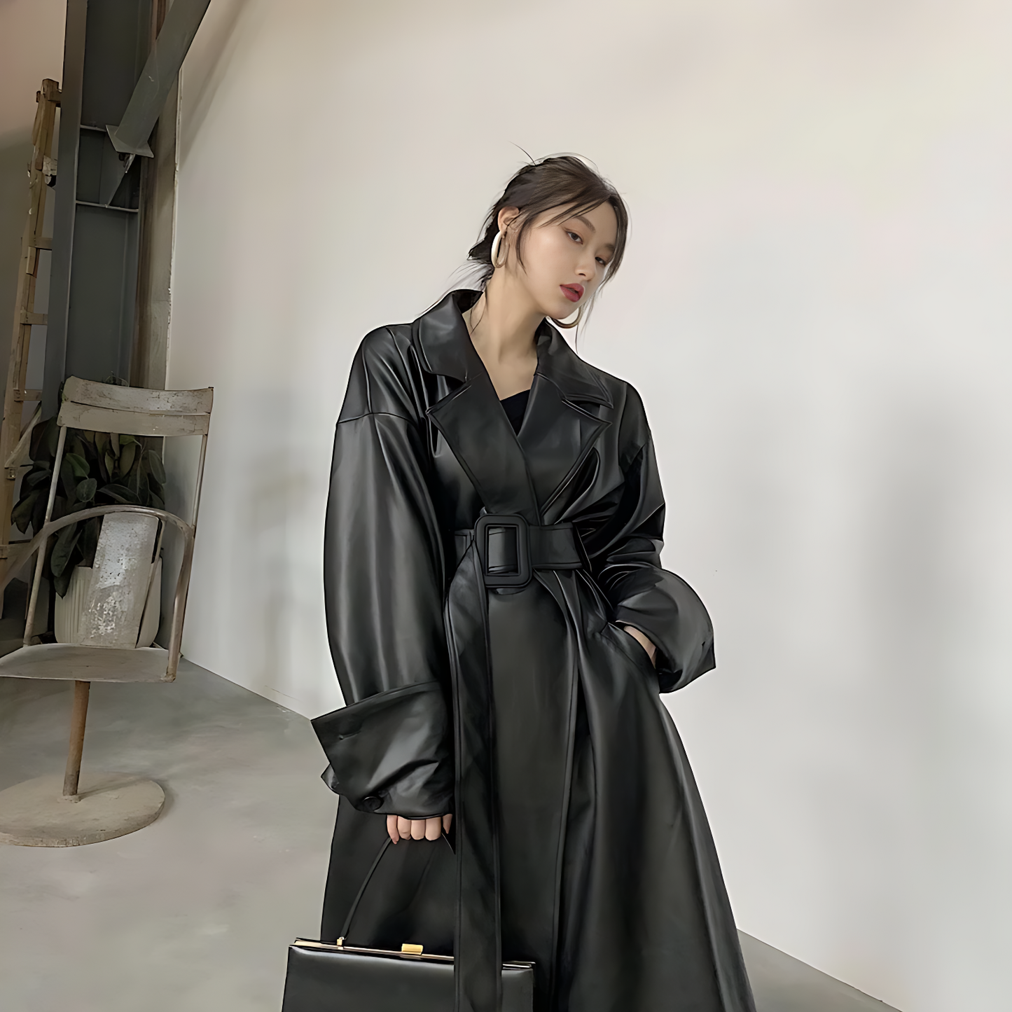 Oversized Faux Leather Trench Coat